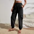 Black casual cargo pants for women, high waist streetwear trousers with pockets and drawstring. - S / Black