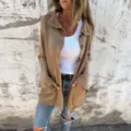 Effen gebreide vestjas met revers en lange mouwen voor dames, casual herfstdetail. - S / Khaki