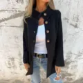 Dames casual effen kleur revers lange mouw gebreid vest jasje met grote knopen stijl - S / Zwart
