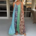 Vestido largo patchwork boho, vestido largo de vacaciones sin mangas, estilo holgado talla grande. - S / Verde