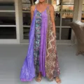 Vestido largo maxi estilo boho vacaciones mujer estampado bloques color sin mangas - S / Púrpura
