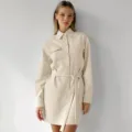 Beige lapel long sleeve shirt dress with chest pockets and stylish waist belt for women. - S / Khaki