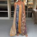 Mujer vestido largo boho sin mangas cuello V estampado étnico tirantes holgado maxi - Amarillo
