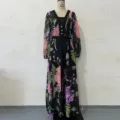 Black floral print long sleeve V-neck dress detail view with stylish waist belt design. - S / Dresses / Multicolor