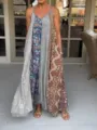 Vestido largo bohemio estampado patchwork sin tirantes finos, vestido veraniego de talla grande. - Gris
