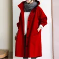Women red hooded windbreaker casual loose long sleeve trench coat autumn winter fashion - S / Red
