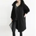 Black hooded mid-length trench coat detail, casual loose long sleeve outerwear for women. - S / Black