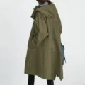 Women's Olive Green Hooded Long Windbreaker Casual Loose Trench Coat Back View Detail - Army Green