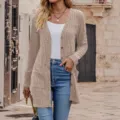 Close-up of casual V-neck ribbed knit cardigan with front buttons and pockets, street style. - S / Coffee