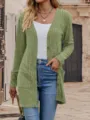Green ribbed knit cardigan detail, V-neck, long sleeves with pockets, casual daily wear style. - Green