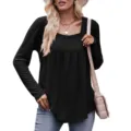 Women's Black Long Sleeve Square Neck Pleated Casual T-Shirt Solid Color Fashion Top - S / Black