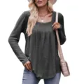 Women solid color long sleeve square neck pleated t-shirt casual top for daily wear and fashion style. - S / Dark Gray