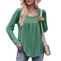Green square neck long sleeve pleated top for women casual solid color fashion blouse - S / Green