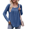Women solid color long sleeve square neck pleated casual t-shirt top fashion apparel - S / Sapphire Blue