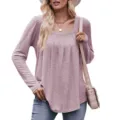 Casual mauve long sleeve square neck pleated t-shirt for women, stylish everyday top. - Light Purple