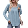 Women's solid color long sleeve square neck pleated casual t-shirt top fashion blouse - Light Blue