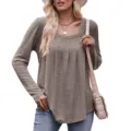 Women solid long sleeve square neck pleated t-shirt casual puff sleeve basic stylish top - Khaki