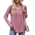 Elegant Women Long Sleeve Square Neck Pleated Casual Solid Color Fashion T-Shirt Top - Pink