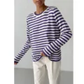 Detail view of women's purple and white striped knit long sleeve top, casual sweater. - S / Purple