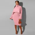Pink knit turtleneck sweater and midi dress two piece set, comfortable stylish daily apparel. - Pink