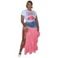 Fashion women short sleeve t-shirt and denim splice split long skirt two piece set daily wear - S / Top And Bottom / Red