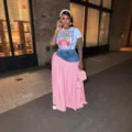 Women two-piece outfit short sleeve t-shirt and denim spliced plaid long skirt set summer. - S / Top And Bottom / Pink