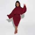 Details of the wine red turtleneck sweater and knit dress two piece set, cozy texture. - S / Set / Red