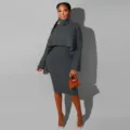 Women Two Piece Knit Outfit Turtleneck Cropped Sweater And Midi Dress Set Dark Gray - S / Set / Dark Gray