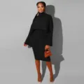 Black turtleneck sweater and knit dress two-piece set, cozy long sleeve winter fashion outfit. - S / Set / Black