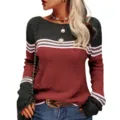 Close-up detail view of women color block striped knitted sweater long sleeve casual top. - Burgundy