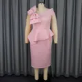 Robe de soirée grande taille rose une épaule avec grand noeud et basque pour les événements. - S / Rose