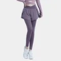 High waist fake two-piece yoga pants with crossover design for women active fitness running. - S / Grey Purple