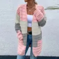 Women long colorblock knit cardigan sweater casual open front pocket outerwear fashion apparel - S / Pink White