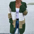 Color-block knit cardigan detail showing striped pattern, long sleeves, and pocket design. - S / Green/White