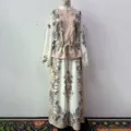 Ensemble Deux Pièces Vintage Imprimé Floral Veste Bomber Pantalon Long Cordon - S / Abricot