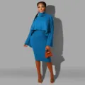 Blue turtleneck cable knit crop top ribbed midi skirt two piece sweater dress set. - Blue