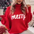 Close up of cozy red turtleneck knit sweater with white merry text for winter outfit detail. - S / Red