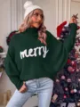 Women's autumn winter loose high neck batwing sleeve knit sweater with merry letter print. - S / Dark Green