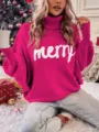 Women's pink turtleneck batwing sleeve knit sweater with merry knit letters for autumn winter. - S / Rose Pink