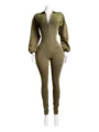 Washed distressed olive green sexy deep V-neck long sleeve tight jumpsuit for women detail view. - Green