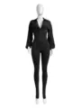 Washed dark denim long sleeve deep V sexy tight jumpsuit romper for women stylish outfit. - S / Black