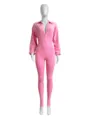 Pink long sleeve deep V-neck fitted jumpsuit detail showing front design and seams. - S / Pink