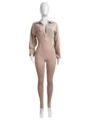 Sexy deep V-neck long sleeve slim fit bodysuit for women casual daily apparel - S / Khaki