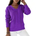 Pull en tricot torsadé col V pour femme, élégant haut d'hiver à manches longues. - Violet
