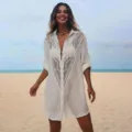 Chemise cache-maillot de plage en crochet blanc pour femme, haut de bikini ajouré en dentelle. - Taille unique / Blanc