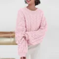 Σικ ροζ πλεχτό πουλόβερ για γυναίκες, άνετο oversized πουλόβερ με στρογγυλή λαιμόκοψη μακριά. - S / Tops / Ροζ