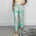 Vintage printed satin wide-leg pants for women, high waist casual vacation long trousers. - Emerald