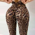 Leopard print high waist yoga pants with bow detail and scrunch peach hip design for fitness. - Leopard Print (7)