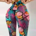 Detailed view of women's butterfly print fitness yoga leggings featuring a stylish back bow. - S / Bottoms / Butterfly Print (1)