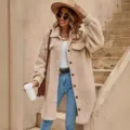 Women's long teddy fleece coat casual solid color lapel winter outerwear detail view - S / Tops / Apricot